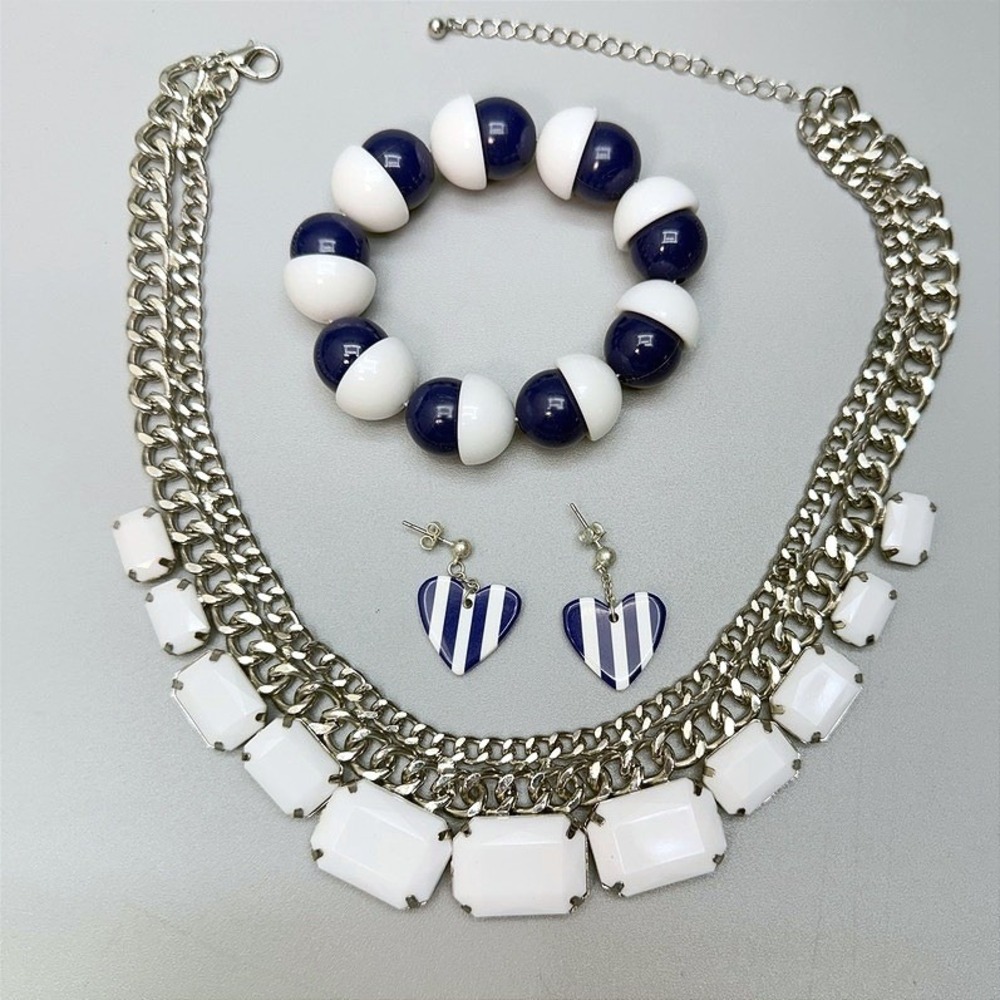 Nautical Acrylic Jewelry Lot Blue and White Necklace Bracelet Heart Earrings